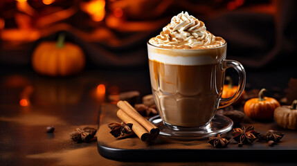 Pumpkin spice latte with whipped cream in cozy autumn setting, glass mug of pumpkin spice latte topped with whipped cream, surrounded by small pumpkins and spices in a warm, cozy autumn ambiance