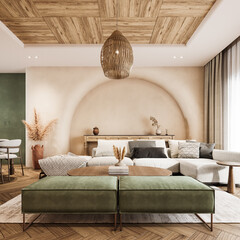 Modern interior design of living room. Contemporary home interior. 3D Rendering, 3D Illustration