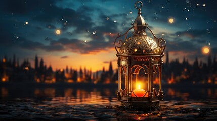 an islamic crescent and lantern with stars. - obrazy, fototapety, plakaty