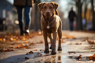 Labrador walks in the park with a person. - obrazy, fototapety, plakaty