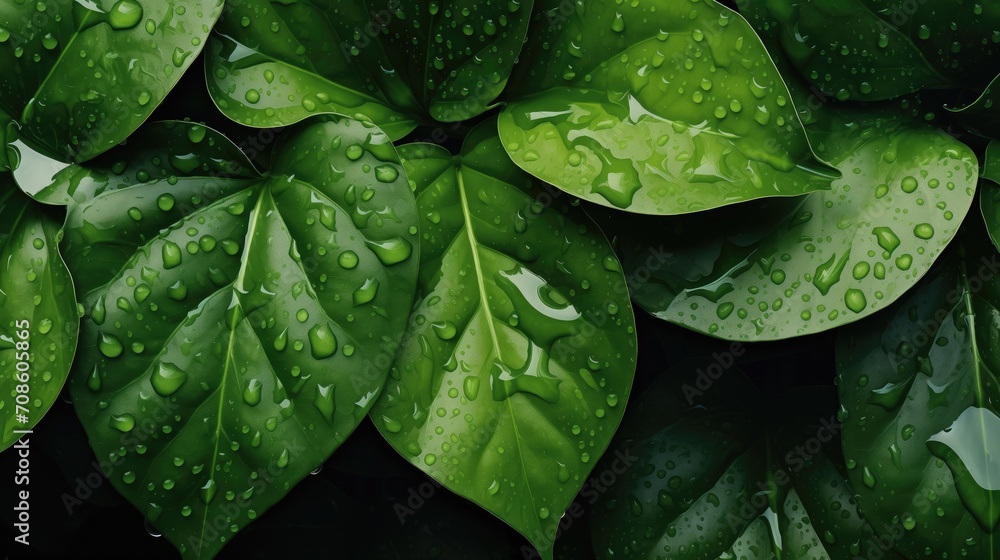 Wall mural water drops on a green leaf in dark background, generative ai, texture, pattern, copy space - Wall murals