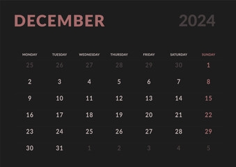 Monthly page Calendar Planner Templates of December 2024. Vector layout of simple calendar with week start Monday for print. Page for size A4 or 21x29.7 cm in dark color