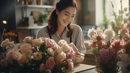 Florist's Delight in Blooming Arrangement, woman florist beams with joy as she artfully arranges a bouquet of blooming flowers, surrounded by nature's beauty - obrazy, fototapety, plakaty