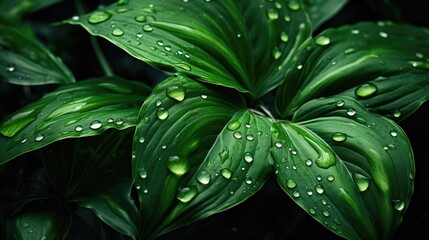Obraz premium water drops on a green leaf in dark background, Generative AI, texture, pattern, copy space