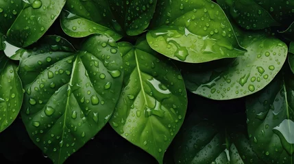Foto op Plexiglas water drops on a green leaf in dark background, Generative AI, texture, pattern, copy space © Orod