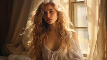Fototapeta premium Attractive woman with makeup natural beauty. A young woman with long, curly blonde hair sits by a window with sheer curtains, basking in warm sunlight
