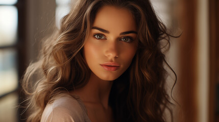 Naklejka premium Attractive woman with makeup, natural beauty. Close-up portrait of a young woman with captivating hazel eyes and voluminous, wavy brown hair, softly backlit in a warm indoor setting