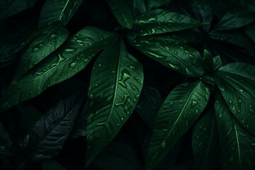 Fototapeta premium Dark Green Leaves Close-Up on Black Background, Vibrant Nature Image for Stylish Wallpaper Concept