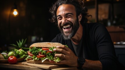 Laughing man eating a large sandwich - obrazy, fototapety, plakaty