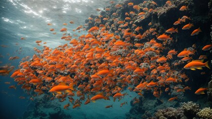 Fototapeta na wymiar a world of wonder as a massive school of colorful fishes swim gracefully through the icy depths of the ocean, surrounded by towering cliffs and rocky sea beds