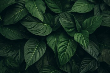 Dark Green Leaves Close-Up, Vibrant Image on Black Background, Nature Wallpaper Concept