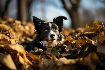 Face of black and white border collie in autumn park, border collie close-up portrait.
