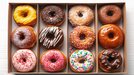 Set of sweet donuts in a cardboard. Top view.