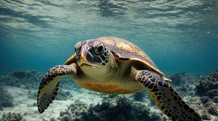 Fototapeta premium turtle sliding in the glistening blue water