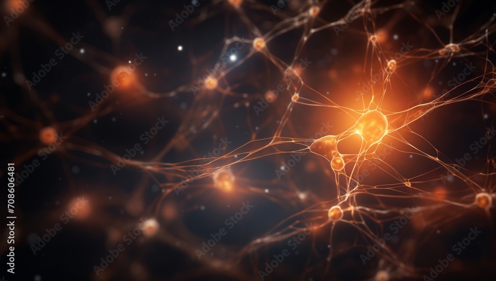 Poster neuron simulation, fluorescent neural activity, image of neuron surrounded by neurons, scientific il