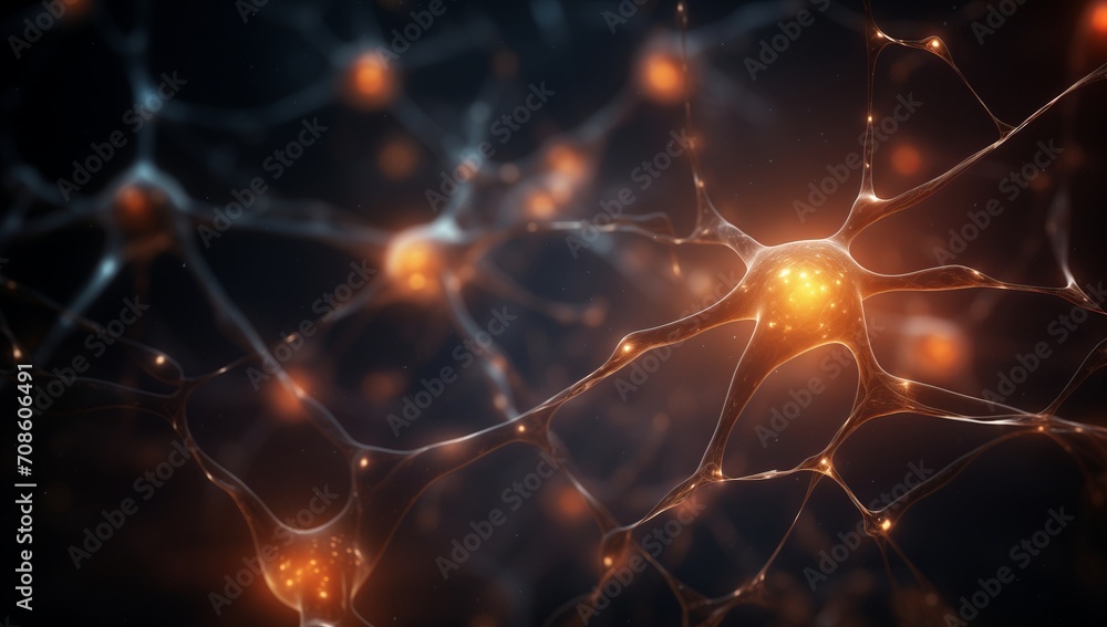 Poster neuron simulation, fluorescent neural activity, image of neuron surrounded by neurons, scientific il