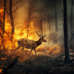 fire in the forest. animals running from the fire. Generative AI