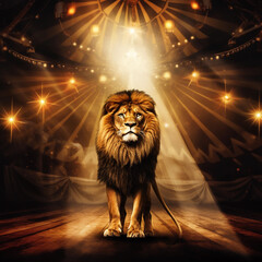 lion in the circus under the rays of light. Generative AI