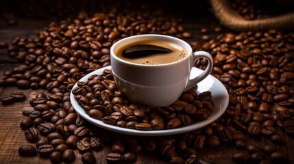 Coffee cup surrounded by coffee beans, illustrating its origins