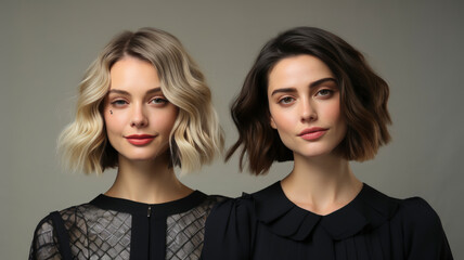 Timeless Elegance in Fashion: Sophisticated Women with Chic Lob Haircuts - Ideal for Hair Care and Salon Marketing, AI-Generated - obrazy, fototapety, plakaty