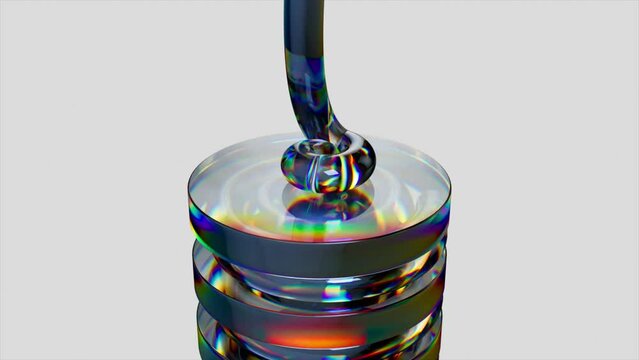 Metallic liquid flows in a spiral over reflective discs, displaying a prism of colors in a sleek 3D animation