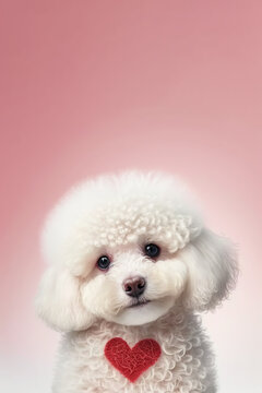 A sweet white bichpoo bichon poodle with a red heart and pink background with copy space for an ad or webpage