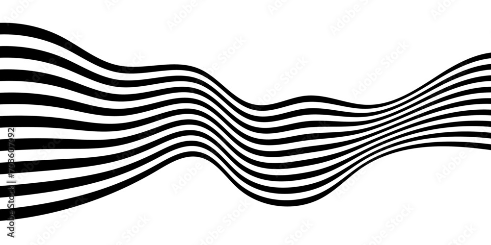 Sticker black on white abstract perspective wave line stripes. wavy shape .striped linear pattern with 3d di