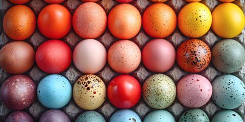 Fototapeta na wymiar Cardboard tray is filled with colored Easter eggs top view. Festive tradition and Easter symbol.