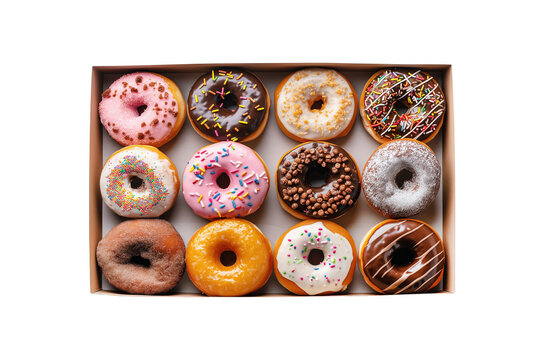 Set of sweet donuts in a cardboard box isolated on transparent background. PNG file.