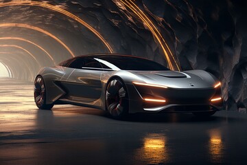 Inside the tunnel, a nameless, generic concept car is showcased in a stunning rendering.