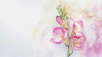 Multi-colored freesias flower watercolor illustration, copy space.
