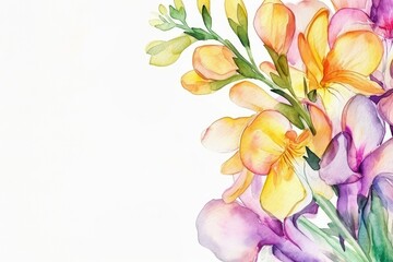Set of multi-colored freesias on a watercolor background, copy space.
