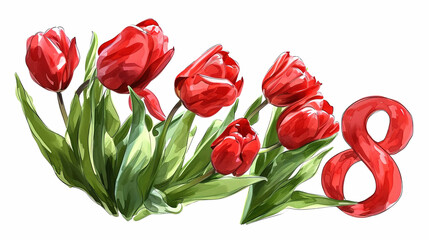 Obraz premium Red number eight and red tulips, on a white background, sketch illustration