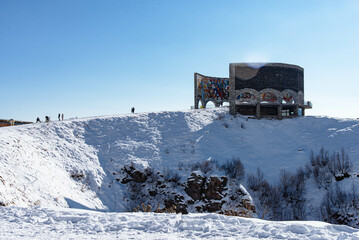 View of Russia–Georgia Friendship Monument in winter located on the Georgian Military Highway