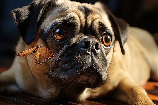 Portrait of a pug with a butterfly on a black background.