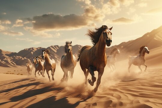 Horses dashing through a picturesque desert landscape.
