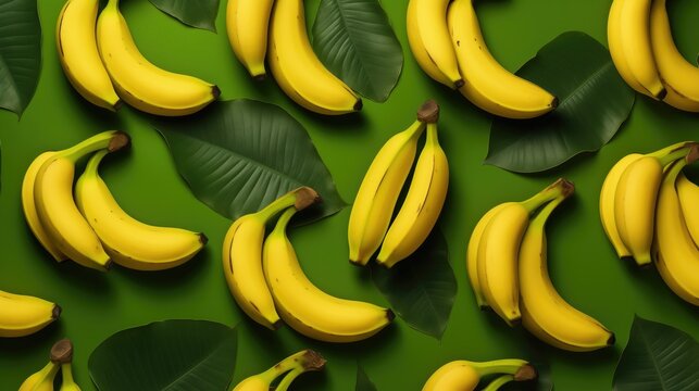 yellow banana with green leaves pattern, fruit, dark green background