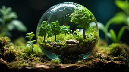 Miniature Forest Ecosystem in Glass Orb Terrarium - Serene Green Space for Sustainable Living, EcoSphere: Nature's Breath in Your Space - AI Generated