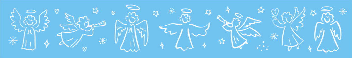 Vector horizontal collection of angels hand-drawn in doodle style.