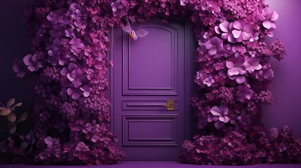 Beautiful volumetric flowers adorn a purple door situated against a blank, purple backdrop, Generative AI. - obrazy, fototapety, plakaty