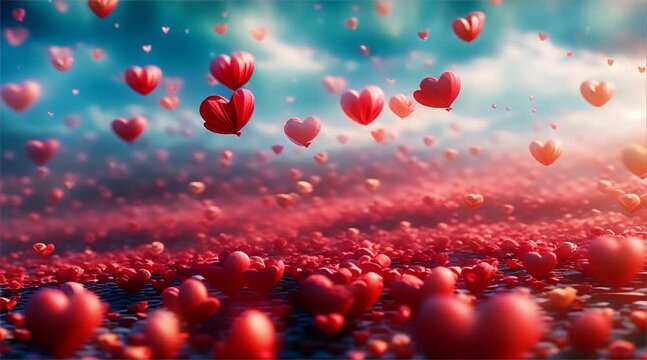 Hearts confetti floating in the air video, Valentine heart confetti footage, love celebration concept, romantic heart-shaped elements in motion, festive Valentine's Day animation