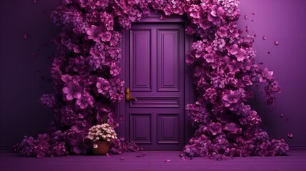 Beautiful volumetric flowers adorn a purple door situated against a blank, purple backdrop, Generative AI.