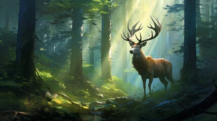 Majestic Sylvan Elk roams through an enchanted woodland