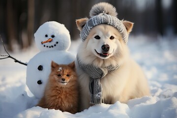 A white fluffy dog near a snowman.