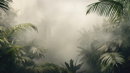 palm tree branches in a jungle forest enveloped in fog and haze, a minimalist modern style, highlighting the texture of the tropics and evoking a sense of tranquility and mystique.