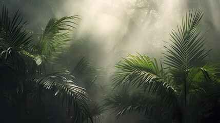 palm tree branches in a jungle forest enveloped in fog and haze, a minimalist modern style, highlighting the texture of the tropics and evoking a sense of tranquility and mystique.