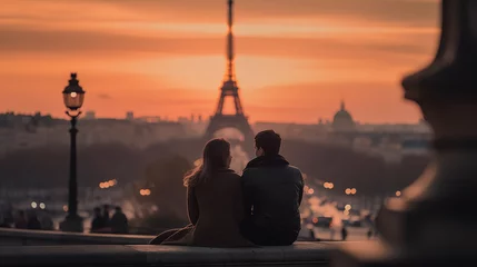 Foto op Canvas a couple in eiffel tower at sunset © Vinicius
