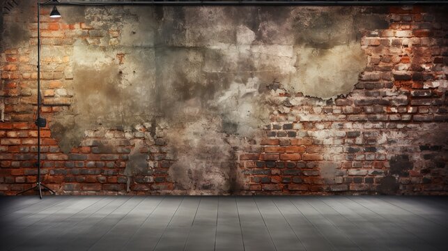 Blank studio with paper background and brick wall in a grunge style, Generative AI.