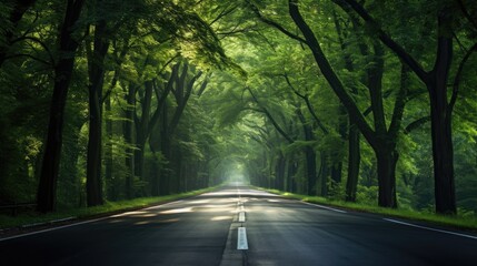 Obraz premium a roadway winding through lush green trees, the natural splendor and serenity of the tree-lined path, creating an inviting and tranquil scene.