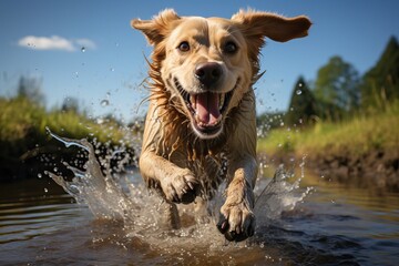Labrador jumps in the water, a happy and active dog.